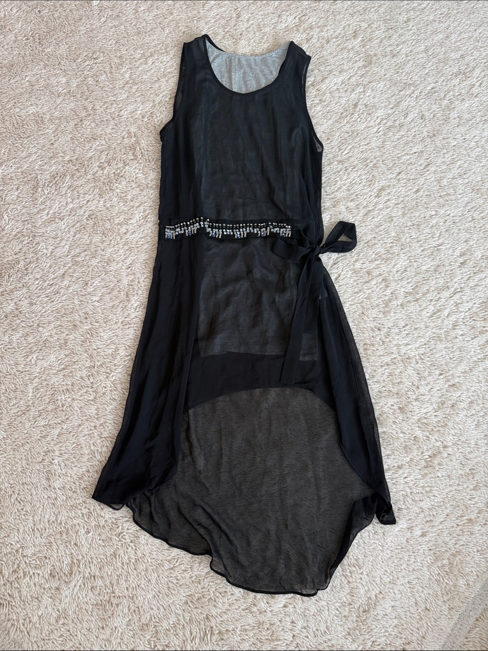 Sleeveless Black Sheer High-Low Dress with Beaded Waist